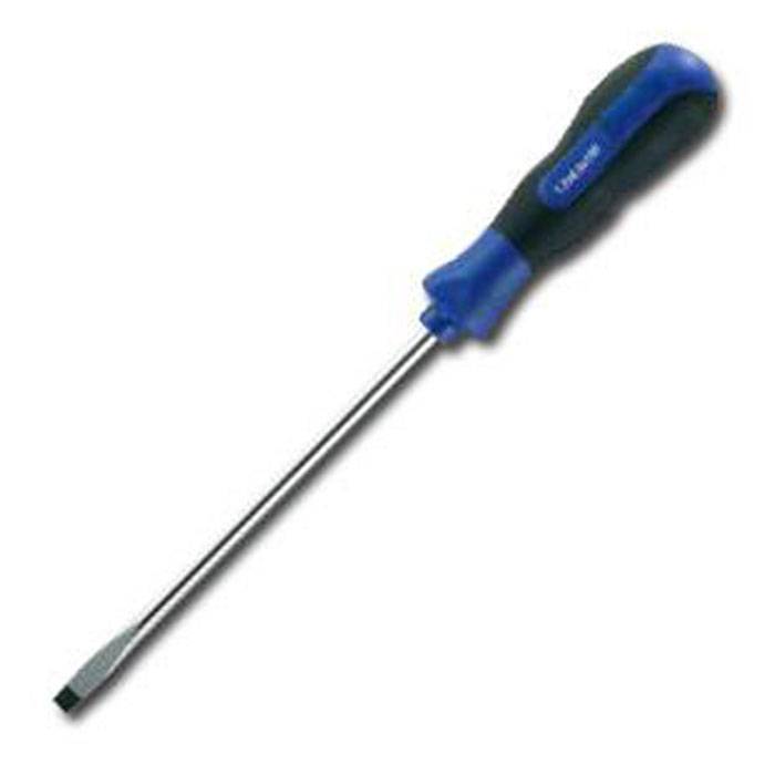 Ein Schlitzschraubendreher mit blau-schwarzem Griff auf weißem Hintergrund.