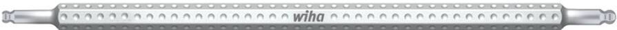 Silberne Wiha-Schiene aus perforierten Metall oder Werkzeughalter mit wiederholten Löchern und roten Endkappen, horizontal auf einem einfachen Hintergrund dargestellt.