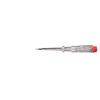 Ein kleiner, mit klarem Griff versehener Schlitzschraubendreher mit einer roten Kappe am Ende, horizontal vor einem weißen Hintergrund platziert.