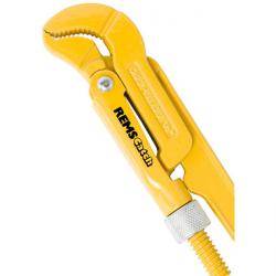 Ein gelber verstellbarer Schraubenschlüssel mit einer gezahnten Backe und einem markierten Griff, auf dem der Name 'REMS Grip' zu sehen ist.