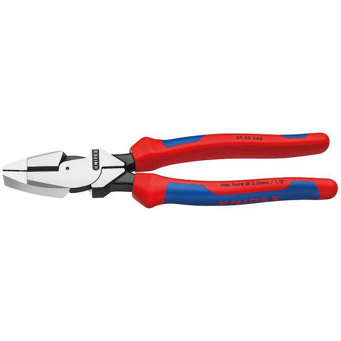 Kabelzange "Lineman's Pliers" - mit Mehrkomponenten-Hüllen - mit Kabel-Einziehhilfe im Gelenkspalt, universeller Dorn-Crimpstelle unterhalb des