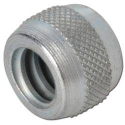 Eine silberne Metallkappe mit Schraubverschluss, einer strukturierten Grifffläche und einem Innengewinde, die zum Sichern von Verbindungen an Rohren oder ähnlichen Gegenständen verwendet wird.