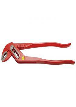 Rote verstellbare Zange mit gezahnten Backen und einem gelben Drehpunkt, entworfen zum Greifen und Drehen von Objekten.