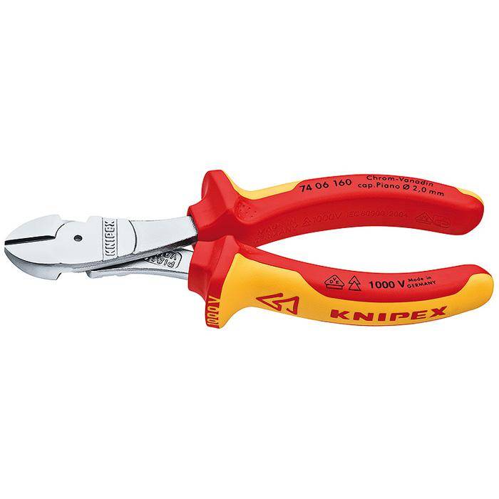Rot-gelbe isolierte KNIPEX-Seitenschneider mit geschlossenen Backen, gezeigt auf einem einfachen weißen Hintergrund.