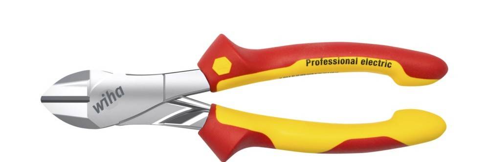Ein Paar Seitenschneider mit rot-gelben Griffen, beschriftet mit „Professional electric