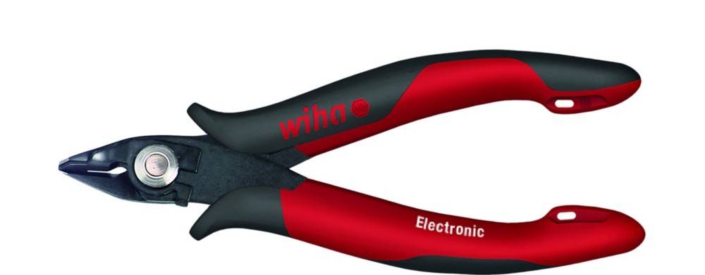 Nahaufnahme einer rot-schwarzen Wiha Electronic Elektronik-Seitenschneider mit isoliertem Griff und spitzen Metallbacken.