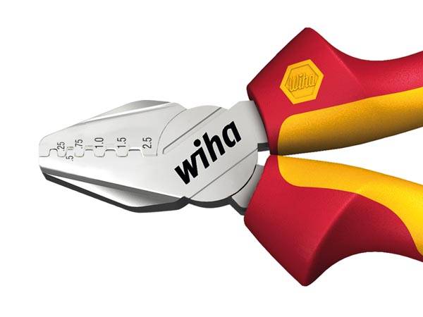 Zange mit roten und gelben Griffen, versehen mit dem Markenlogo von 'Wiha' auf dem Metallbereich mit Millimetermaßstab.