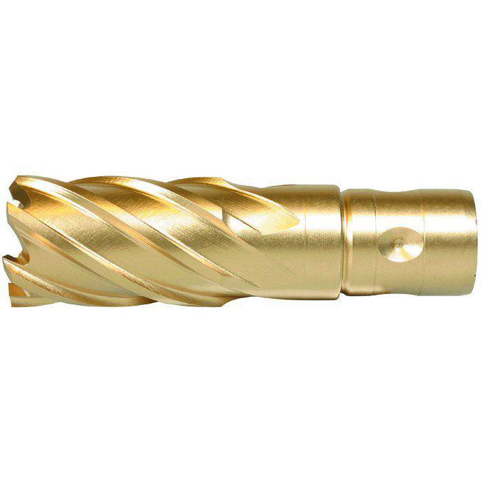 Goldglänzendes Metallschneidewerkzeugbitzum mit schraubenförmigen Nuten und zylindrischem Schaft, abgebildet auf weißem Hintergrund.