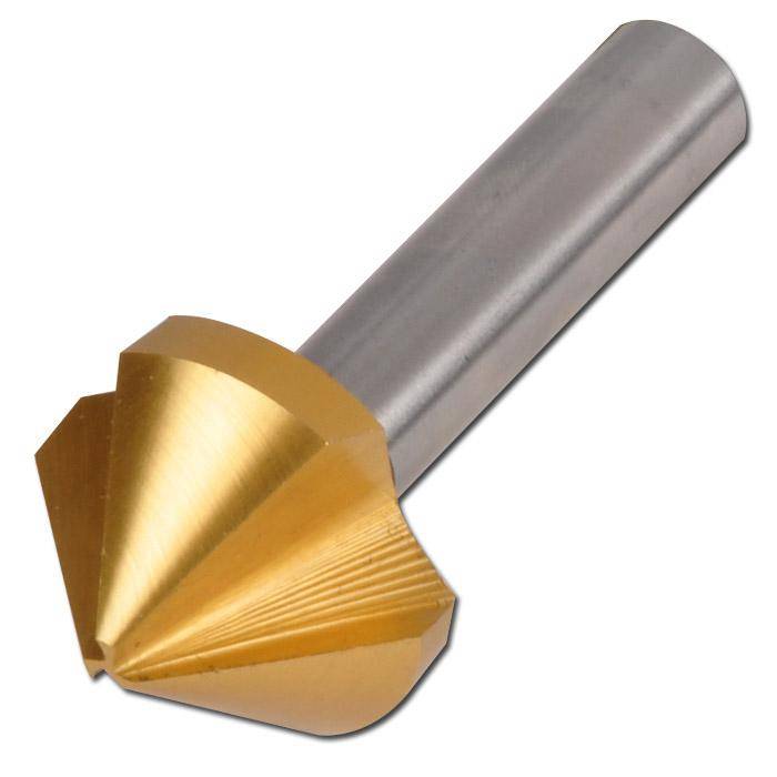 Goldener Senker-Bohrer mit silbernem Schaft auf weißem Hintergrund.