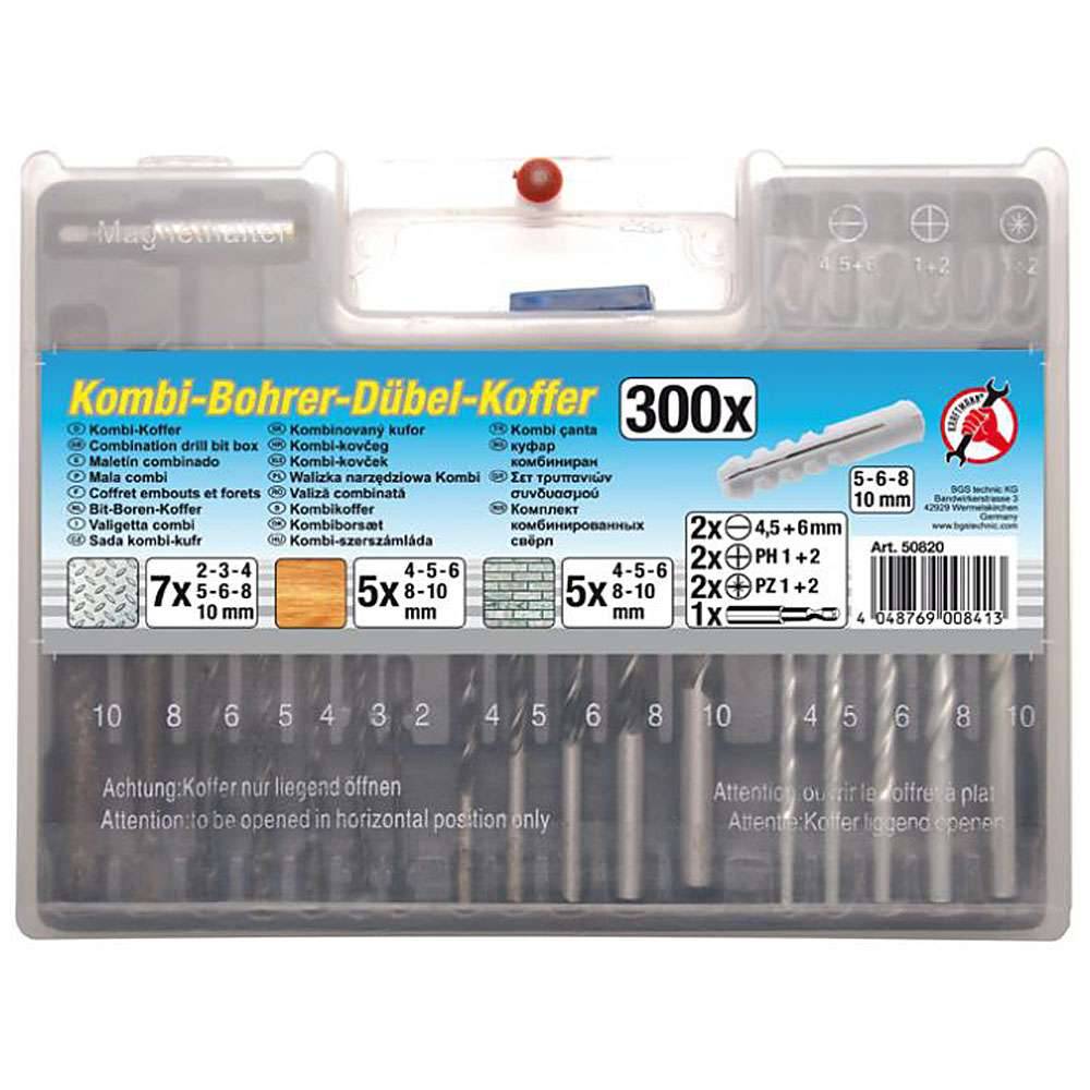 Kombi Bohrer Dübel Koffer - mit Metall-, Holz-, Steinbohrer - 300-tlg.
