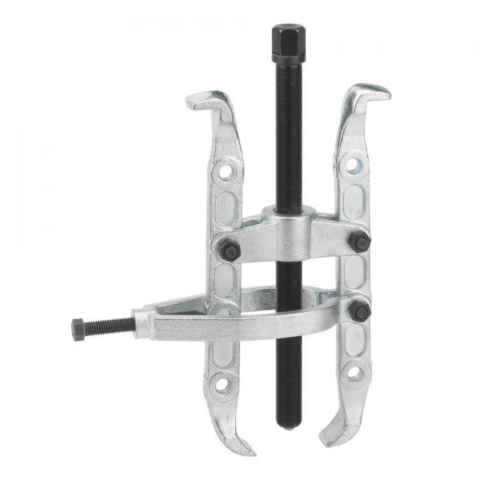 Metallischer Zahnrad-Abzieher mit zwei Backen und zentraler Schraube auf weißem Hintergrund.