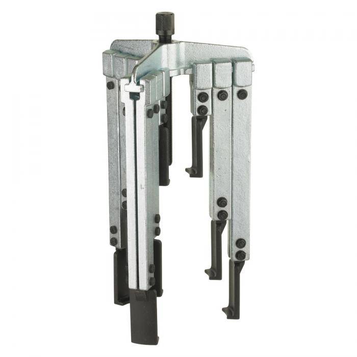 Metallisches mechanisches Abzieher-Werkzeug mit drei Backen und einem oberen Schraubgriff, isoliert auf weißem Hintergrund dargestellt.