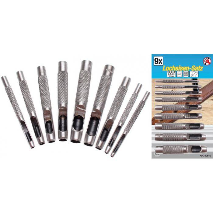 Locheisen-Satz - mit Material-Auswurfschlitz - Größen 2,5 bis 10 mm - 9-tlg.