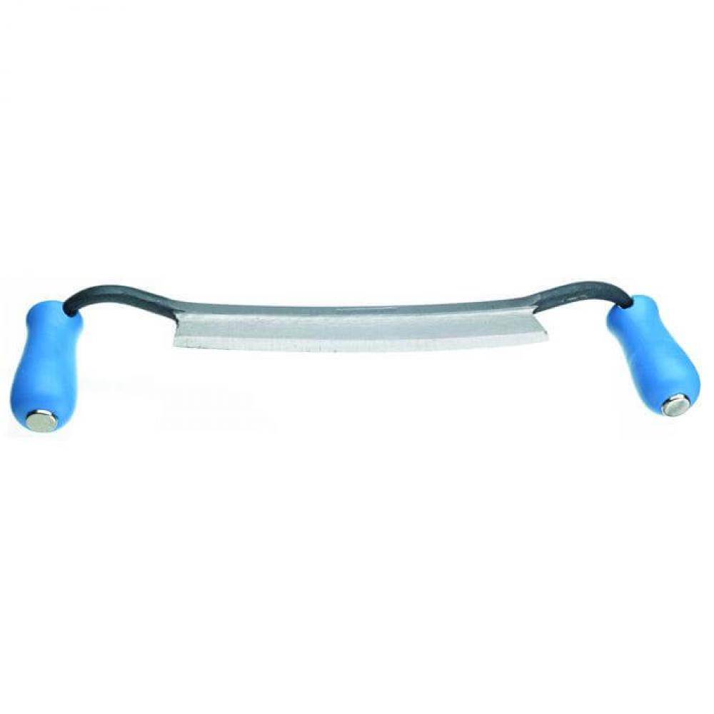 Zweihändiger Schabhobel mit blauen Griffen und gekrümmter Metallklinge, zum Formen von Holz verwendet.