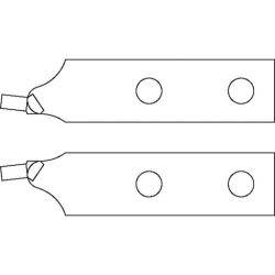 Diagramm zeigt zwei identische Klingen mit einer kreisförmigen Öffnung nahe jedem Ende, die an den oberen linken Ecken durch einen Draht miteinander verbunden sind.