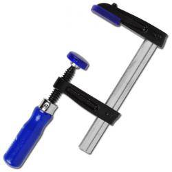 F-Schraubzwinge mit blauem Griff und gleitbarem Backen, verwendet zum Befestigen von Materialien bei Holz- oder Metallbearbeitungsprojekten.