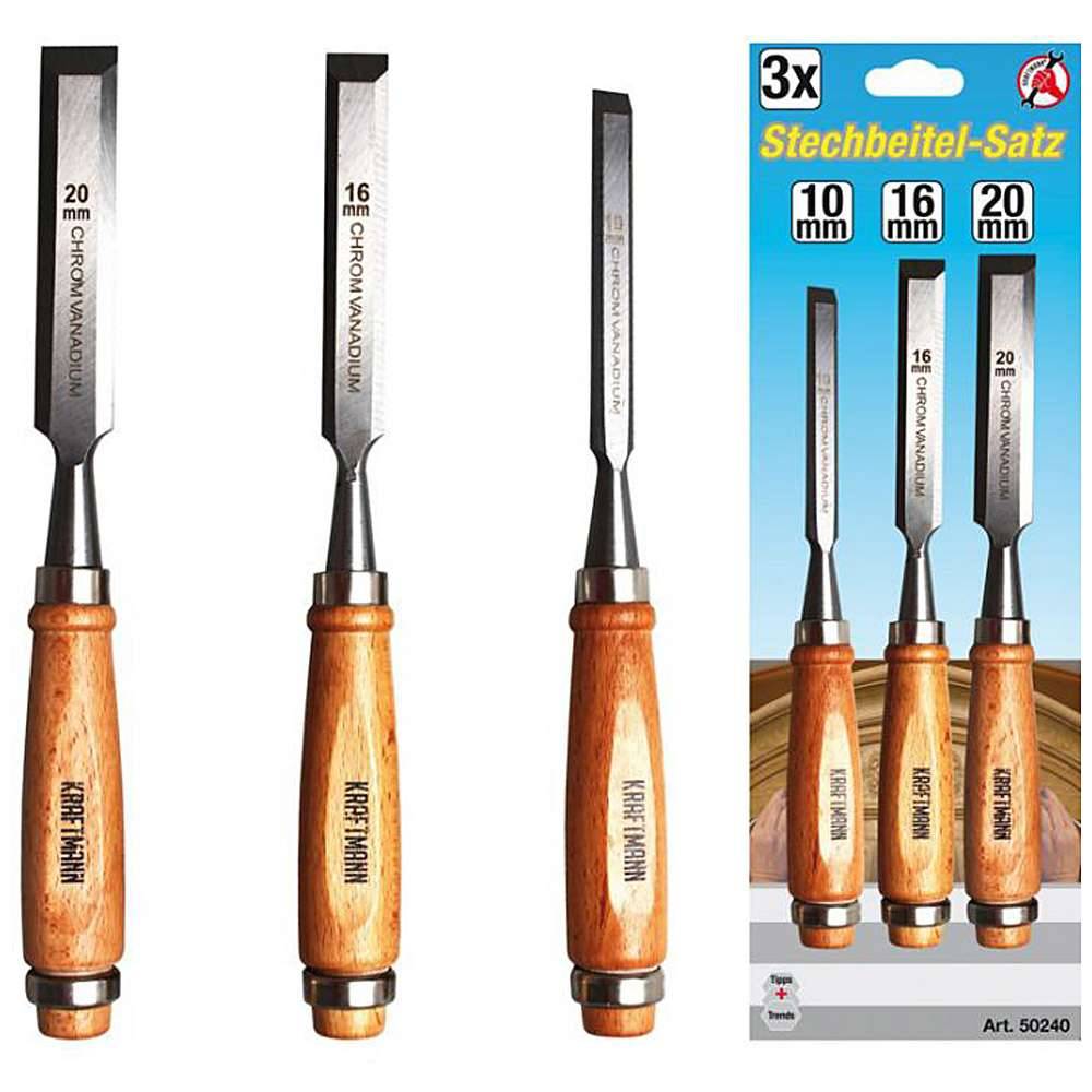 Stechbeitel-Satz - mit Holzgriff - Größen 10, 16, 20 mm - 3-tlg.