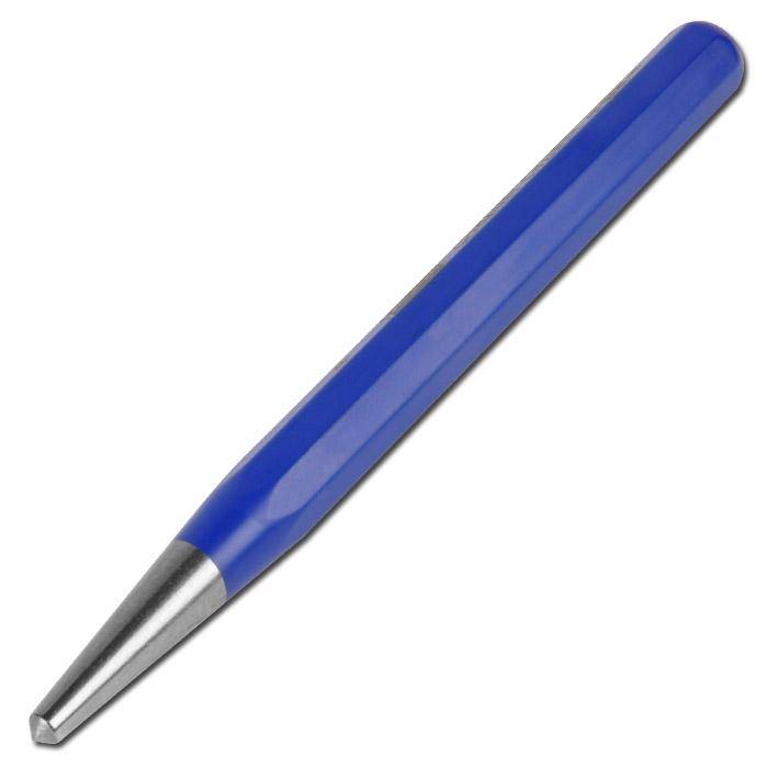 Blaues Metall-Lochwerkzeug mit spitzer silberner Spitze, dargestellt auf weißem Hintergrund.