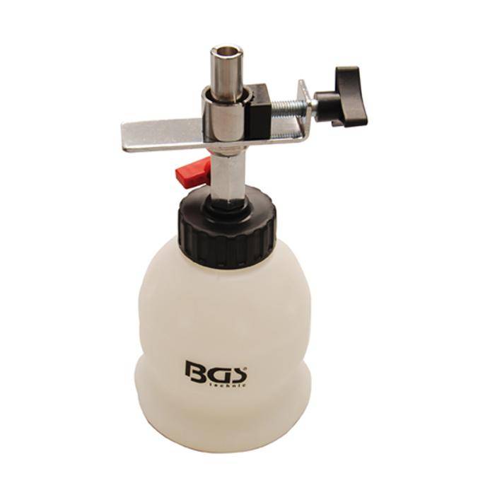 Bremsflüssigkeits-Nachfüllflasche - 1 l - mit Absperrventil und Befestigungsklemme