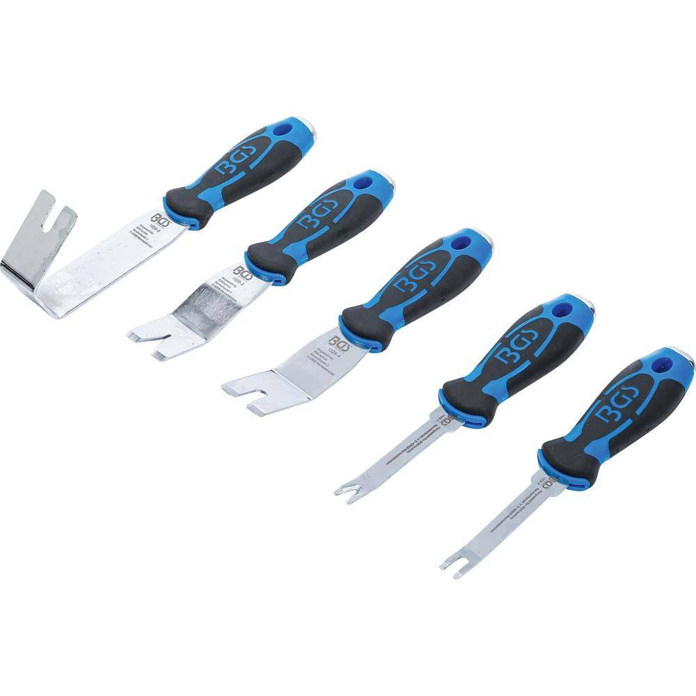 Ein Set aus fünf Fahrrad-Reifenhebern in Blau und Schwarz mit verschiedenen Designs, die zum Abnehmen von Fahrradreifen von Felgen verwendet werden.