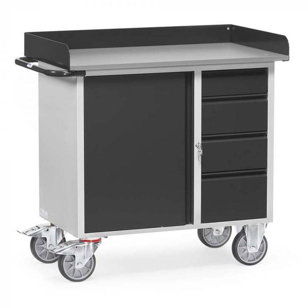 Werkstattwagen - 2 Lenk- und 2 Bockrollen - Tragkraft 400 kg - Ladefläche 985 x 590 mm - mit 1 Schrank und 4 Schubladen
