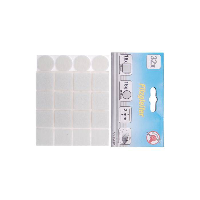 Filzgleiter - in quatratischer und runder Form - Farbe weiß - Höhe 3 mm - 32-tlg.