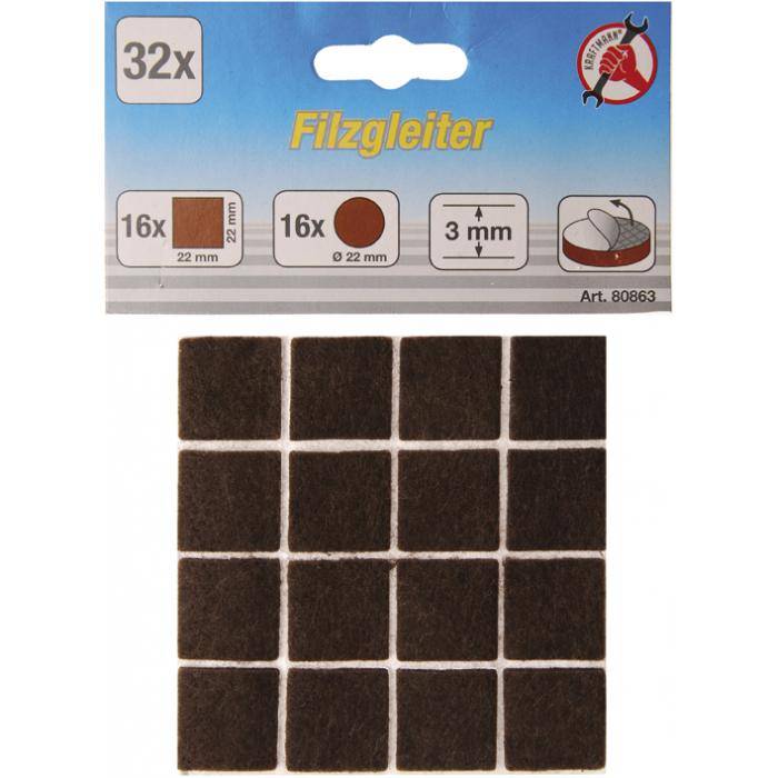 Filzgleiter-Sortiment - Rund und Quadratisch - braun - Höhe 3 mm - 32-tlg.