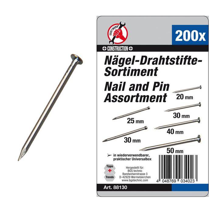 Nägel-Drahtstifte Sortiment - Längen 20, 25, 30, 40 & 50 mm - 200-tlg.