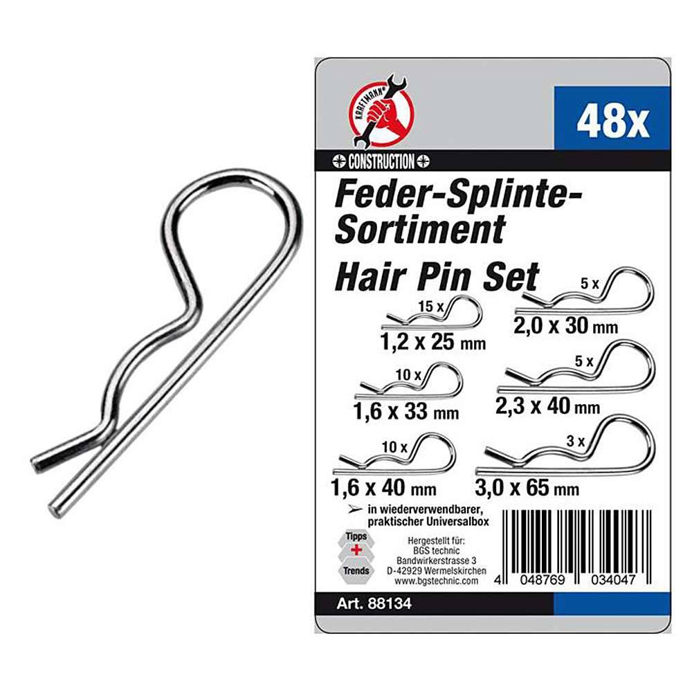 Feder-Splinte Sortiment - Länge 25, 30, 33, 40 & 65 mm - 48-tlg.