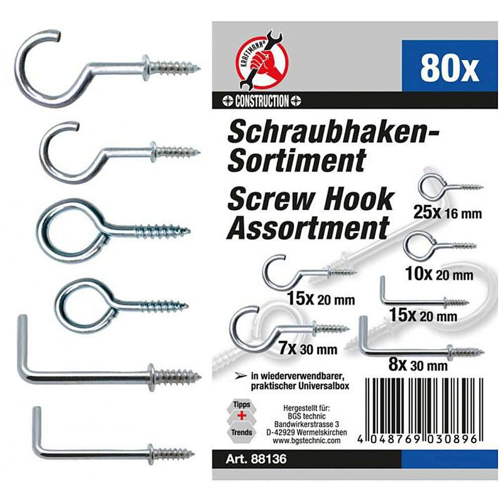 Schraubhaken Sortiment - verzinkt - 80-tlg.