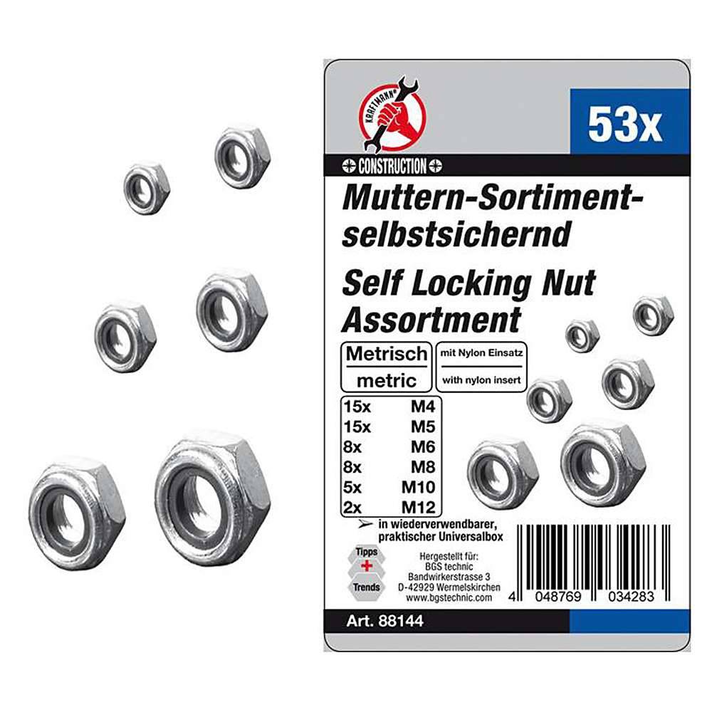 Muttern Sortiment - mit Nyloneinsatz - selbstsichernd - 53-tlg.