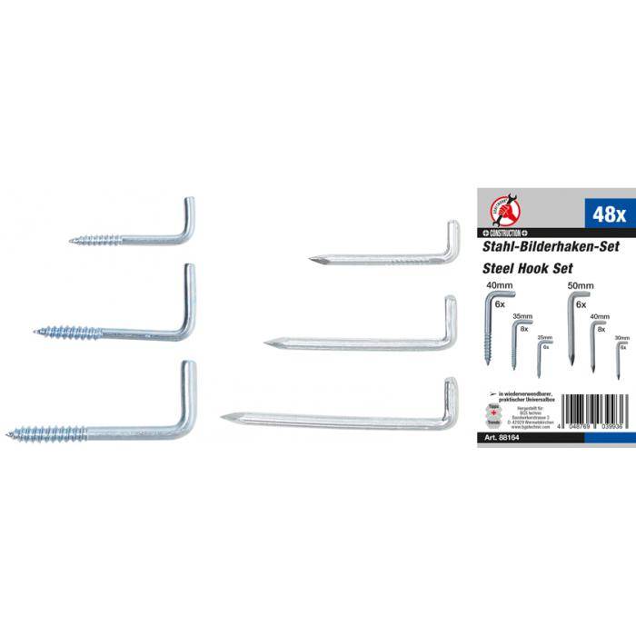 Bilderhaken-Sortiment - in verschiedenen Größen - Stahl - 48-tlg.
