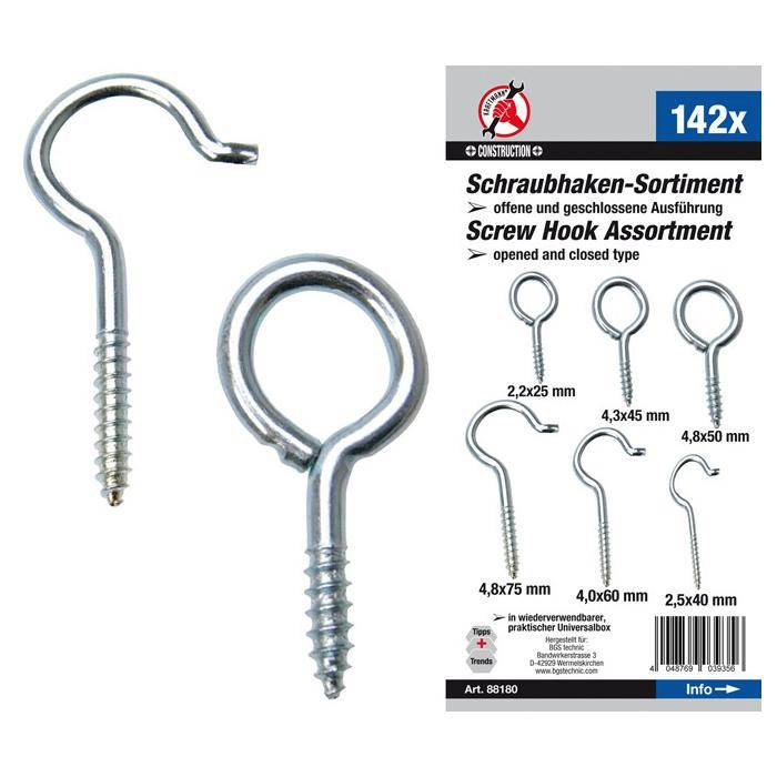 Schraubhaken-Sortiment - gechlossene und offene Haken - 142-tlg.