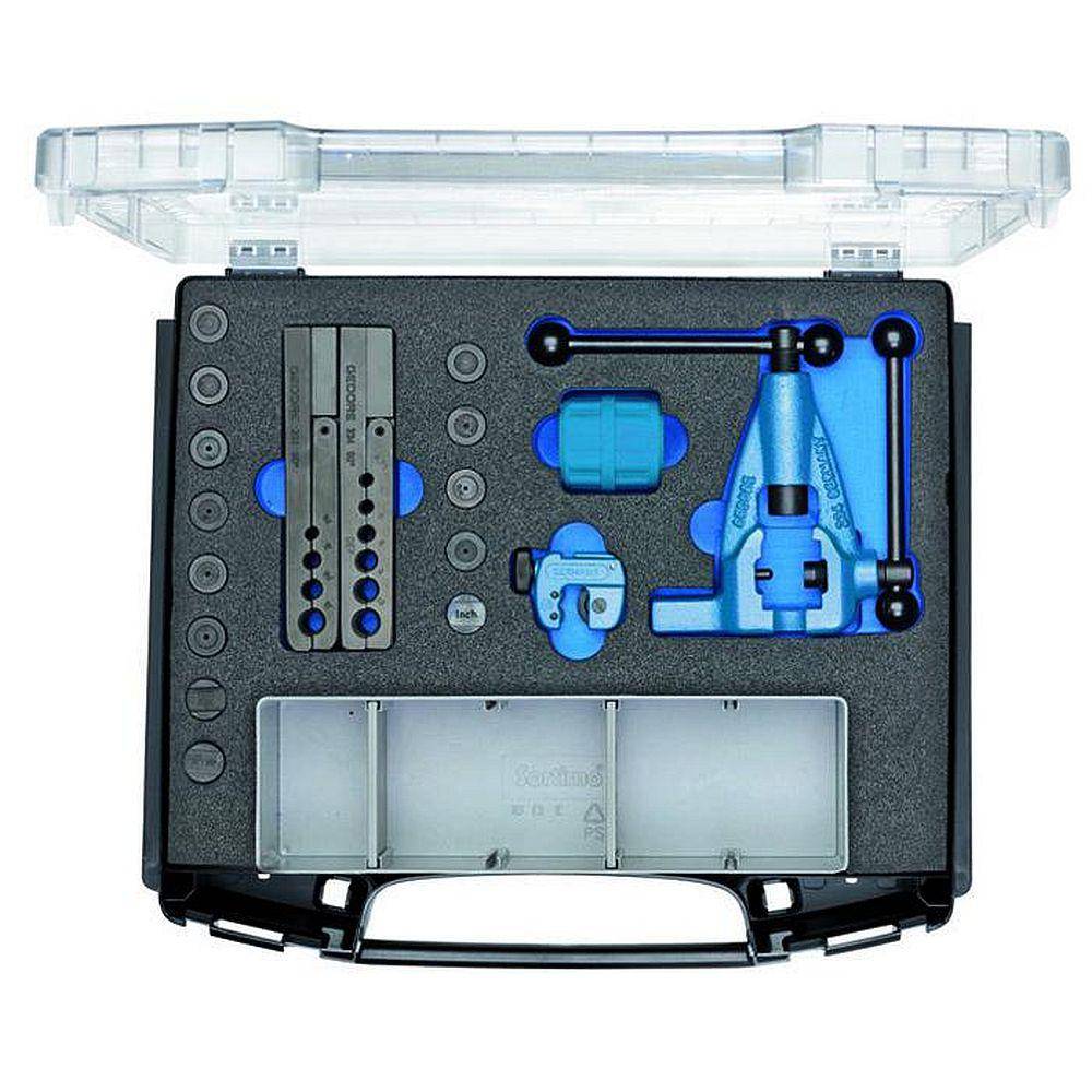Doppelbördel-Satz in i-BOXX 72 - für metrische + zöllige Rohre - 1 Grundkörper - 2 Spannbacken - 6 Druckstücke 4,75 bis 10 mm - 4 Druckstücke 3/