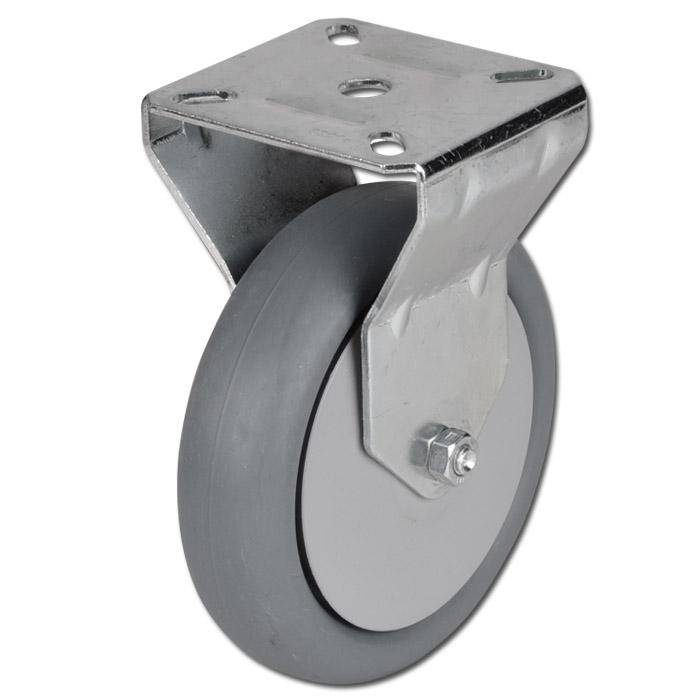 Ein einzelnes graues Gummi-Lenkrad mit Metallbefestigungshalterung auf weißem Hintergrund.
