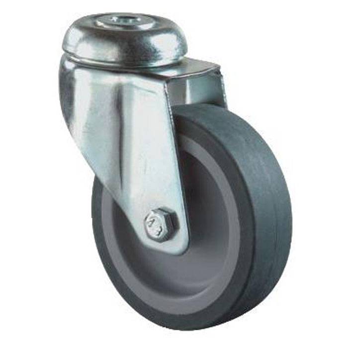 Ein grau schwenkbares Laufrad mit Metallhalterung, das zum Bewegen von Möbeln oder Ausrüstungen verwendet wird.