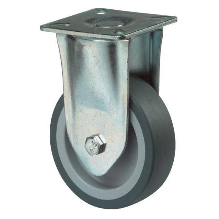 Ein einzelnes Metall-Drehrad mit einem grauen Gummireifen und quadratischer Montageplatte, gezeigt auf weißem Hintergrund.