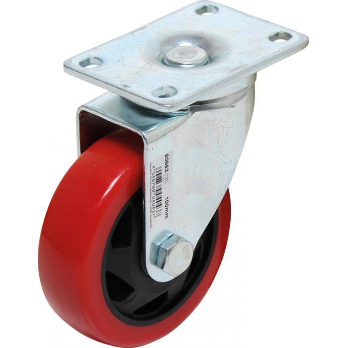 Lenkrolle - Polyurethanrad - Rad-Ø 100 mm - Bauhöhe 130 mm - Tragkraft 100 kg - rot/schwarz