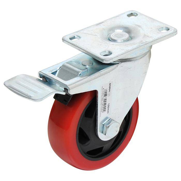 Lenkrolle mit Bremse - Polyurethanrad - Rad-Ø 100 mm - Bauhöhe 130 mm - Tragkraft 100 kg - rot/schwarz