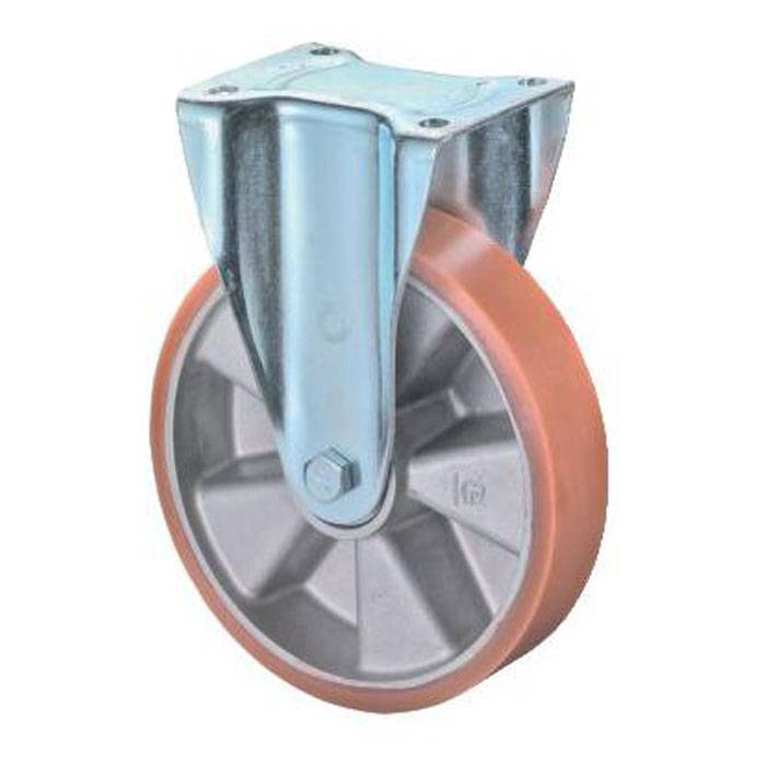Metallaufrolle mit orange Gummireifen, auf weißem Hintergrund dargestellt.