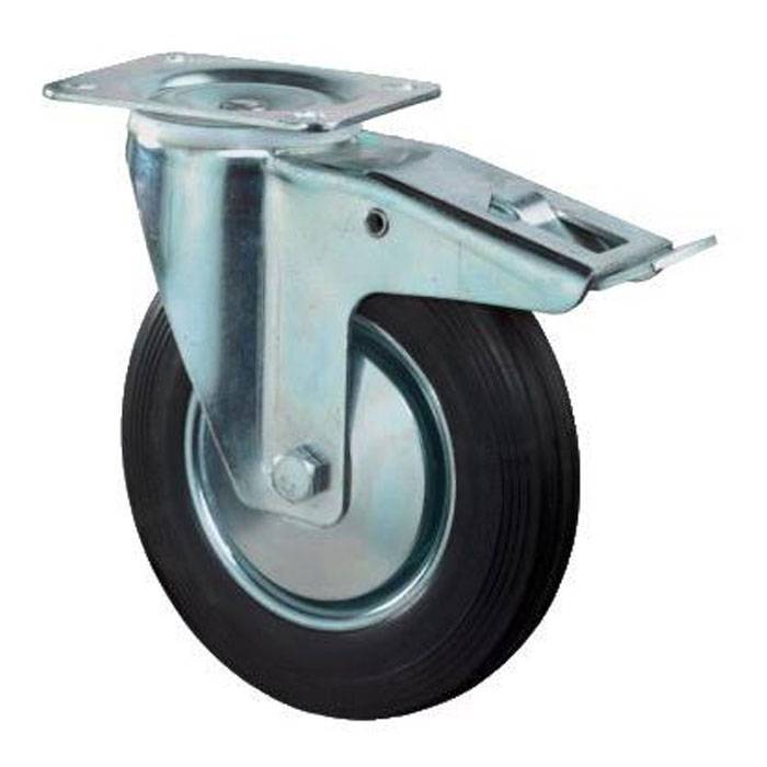 Ein schwenkbares Lenkrolle mit metallischer Befestigungshalterung und schwarzem Gummireifen, verwendet für Wagen oder Ausrüstung.