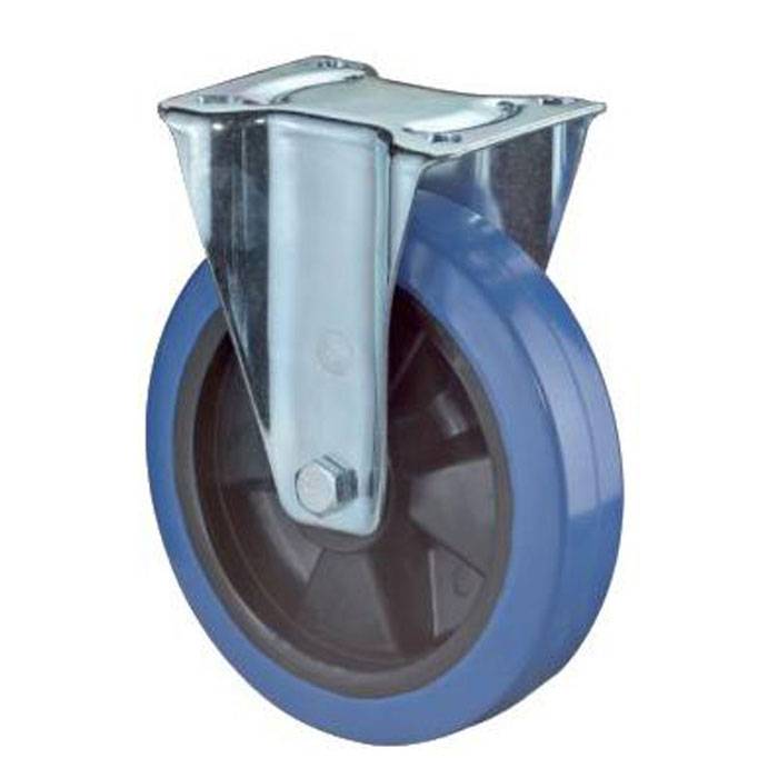 Blauem Gummi-Lenkrolle mit Metallmontageklammer, auf weißem Hintergrund dargestellt.