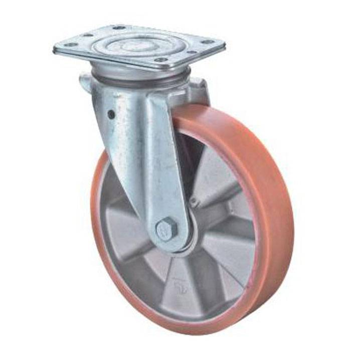 Ein einzelnes schwenkbares Lenkrad mit einer Metallmontageplatte und grauem Rad mit rotem Laufflächen-Profil, dargestellt vor weißem Hintergrund.