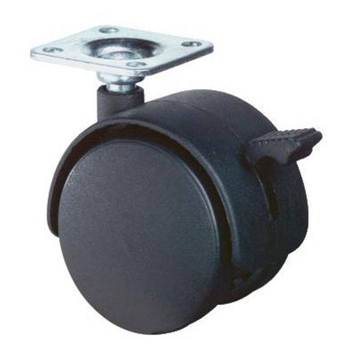 Schwarzes Drehrad mit einer metallischen Montageplatte, verwendet für die Mobilität von Möbeln.