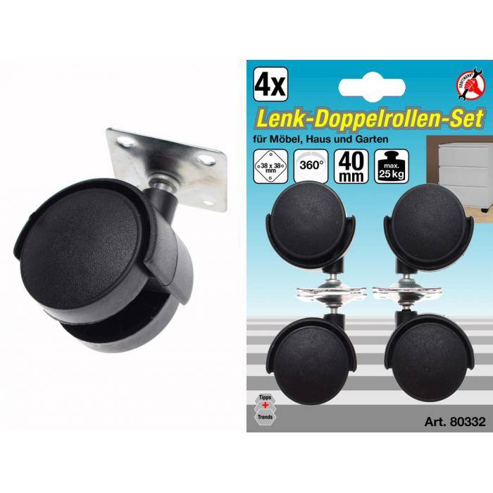 Rollen-Set - 4 Doppel-Lenkrollen - Rad-Ø 40 mm - Lochmaß 38 x 38 mm - Tragkraft/Set 25 kg