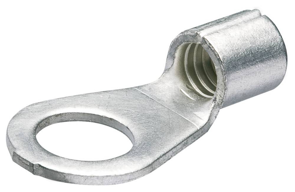 Eine Nahaufnahme eines metallischen Anschlussstücks mit einem kreisrunden Loch zum Anbringen von Kabeln und einem Gewindebereich zum Befestigen.