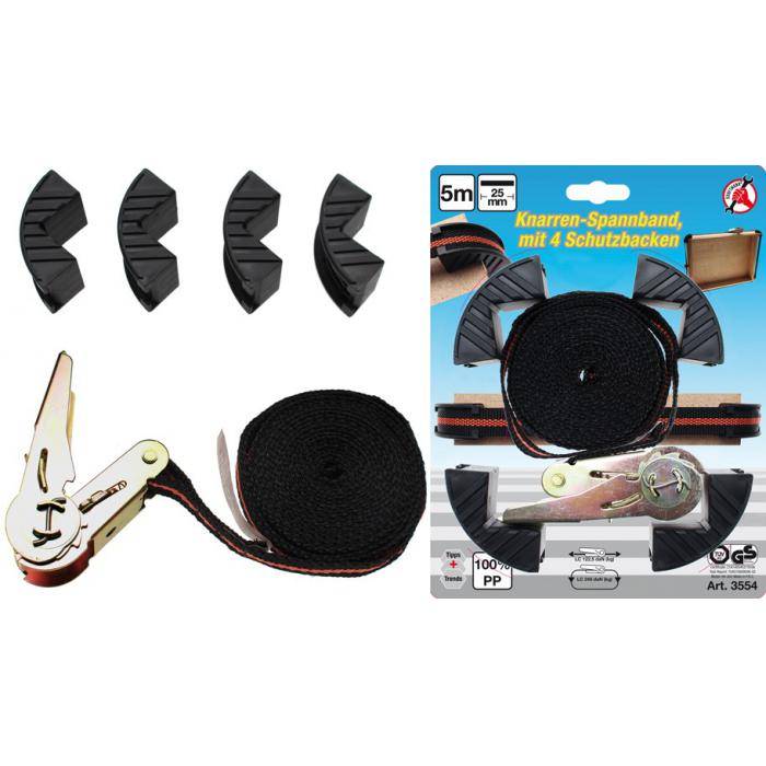 Knarren-Spannband - mit 4 Schutzbacken - Breite 25 mm - Länge 5 m - max. 245 daN
