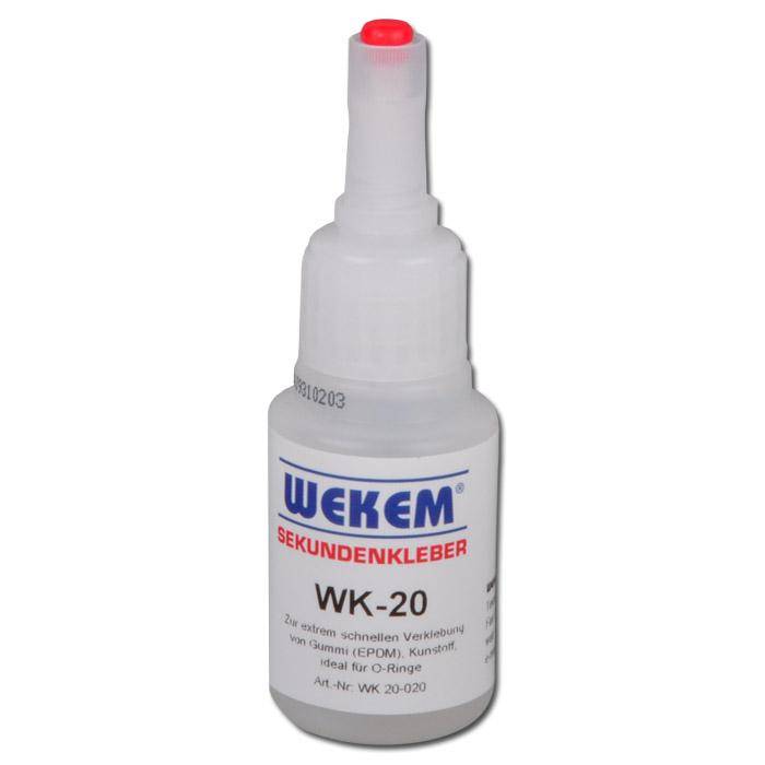 Flasche von WEKEM WK-20 'Sekundenkleber' Sofortkleber mit roter Kappe, gezeigt auf weißem Hintergrund.