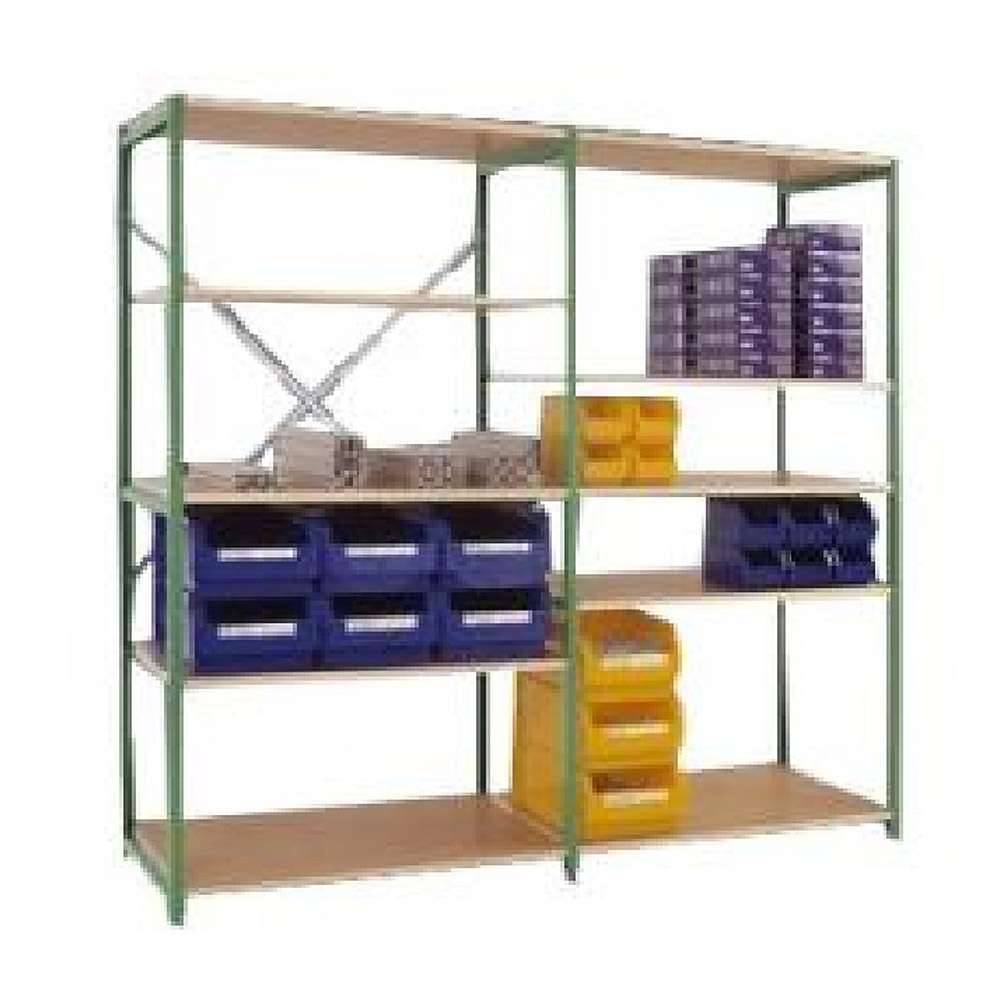 Lagerregal "budget standard" - Fachbreite 970 mm - Höhe 2000 mm - Rahmen graugrün pulverbeschichtet - 5 Holzfachachböden - Stecksystem