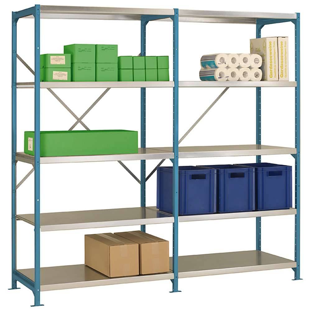 ! Lagerregal "planoflex standard" - Höhe 2 m - 5 Stahlblechböden - Fachbreite 970 mm - Rahmen graugrün pulverbeschichtet - Stecksystem - verschwei?